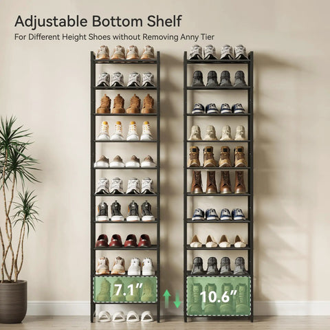 Heavy Duty Ten Tier Metal Shoe Rack Holds Up To Twenty Two Pairs Tall Slim Entryway Organizer With Adjustable Bottom Shelf and shoes in height-adjustable shelves.