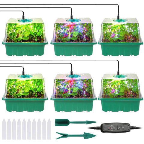 Indoor Seed Starter Trays With Grow Lights 72 Cell Kit Featuring Three Lighting Modes and Four Timers, showing seedlings in trays.