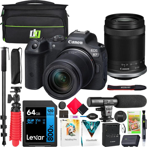 EOS R7 Mirrorless Camera Body With RF-S 18-150mm F3.5-6.3 IS STM Lens Bundle Including Deco Gear Photography Bag Microphone Monopod Software And Accessories Kit For Pro Level Photos