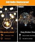 100 Ft Outdoor String Lights With Dimmer LED G40 Globe Patio Lighting showcasing shatterproof plastic bulb vs broken glass bulb.