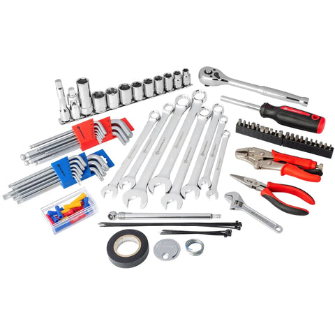 Go-To Motorcycle Tool Kit with roll pouch for roadside and travel repairs, includes wrenches, sockets, ratchet set, and essentials