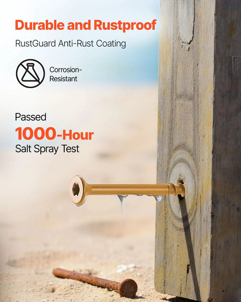 All Weather Tough Number 10 X 3 Inch Exterior Deck Screws 350 Count Pack installed in wood post with anti-rust coating.