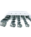 Five-piece SDS-Plus drill bit set with carbide tips in a white plastic holder, front view.
