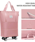 Front view of pink expandable foldable duffel bag with top handles and rolling wheels; water-resistant fabric