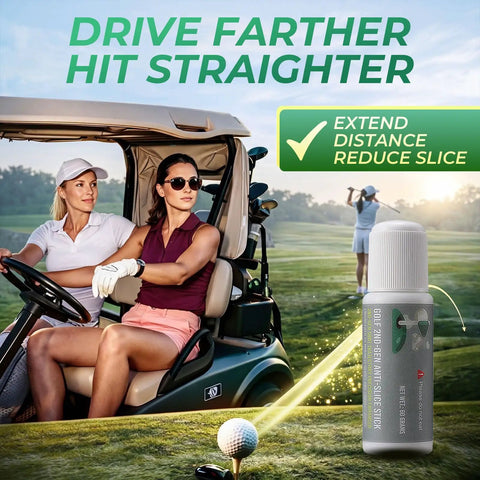 Two Pack Golf Anti Slice Gel Sticks 2.2 Oz with golfers on course and driving cart