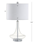 Teardrop Glass Table Lamps Set Of 2 With Clear And Chrome Finish, white linen shade, LED bulbs, ETL listed, 25.5 inch height.