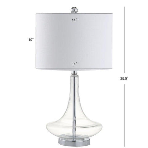 Teardrop Glass Table Lamps Set Of 2 With Clear And Chrome Finish, white linen shade, LED bulbs, ETL listed, 25.5 inch height.