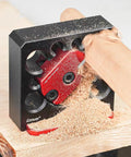 Rock Solid Aluminum Dowel Jig For Standard Power Drills Adjustable Eight Size Wood Dowel Cutter Kit With Razor Sharp Carbide Blades in use.