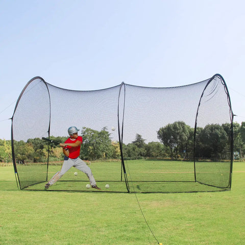 20 Ft Freestanding Batting Cage Backyard Baseball And Softball Practice With Portable Hitting Net And Frame Easy Setup Durable 5 Ply Net And 14mm Fiberglass Poles For Batting And Pitching Drills in outdoor field with person