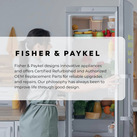 Person opening Fisher & Paykel fridge, retrieving items. White Refrigerator Ice Maker Assembly 820833P Replacement Kit for freezers.