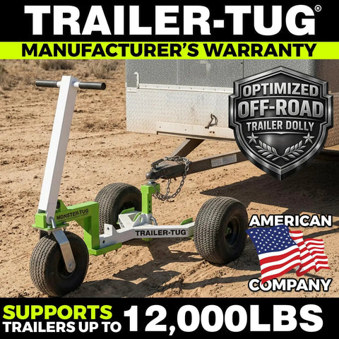 Monster Tug Off-Road Trailer Dolly Moves Boat, RV, Or Utility Trailer With Ease On Sand, Dirt, Gravel, Concrete Hard Surfaces Heavy Metal Frame Manual Mover No Motor Needed Adjustable Ball Mount For Any Tow on sandy ground with trailer.