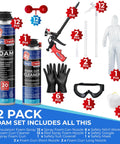 This Knockout Spray Foam Insulation Kit Includes Twelve Two Pound Expanding Sealant Cans Paired With A Smooth Firing Teflon Coated Gun That Gonna Quickly Fill Every Crack And Save You Major Cash On Energy Bills While Keeping Things Snug. Complete kit with foam sprays, gun cleaner, nozzles, gloves, and safety gear.