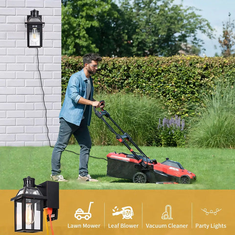 Man using lawn mower near porch light with GFCI outlet and dusk to dawn sensor outdoor exterior light fixture on a wall.