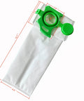 12 Pack Vacuum Bags For Windsor Axcess Uprights 12 Inch 15 Inch And Sebo Felix 1 2 Premium 4 Kombi Replacement For 7029ER 86333980 Heavy Duty 5 Ply Non Woven Filter Bags Fits Upright Vacuums, showing unfolded bag with green plastic fitting and dimensions.