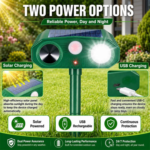 4 Pack Ultrasonic Outdoor Animal Deterrents With Solar Power Motion Sensor IP65 Waterproof Flashing Light in green garden stake