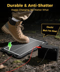 12V Solar Battery Charger Kit With 10W Waterproof Panel And Battery Maintainer Trickle Charger pictured under a shoe step outdoors.