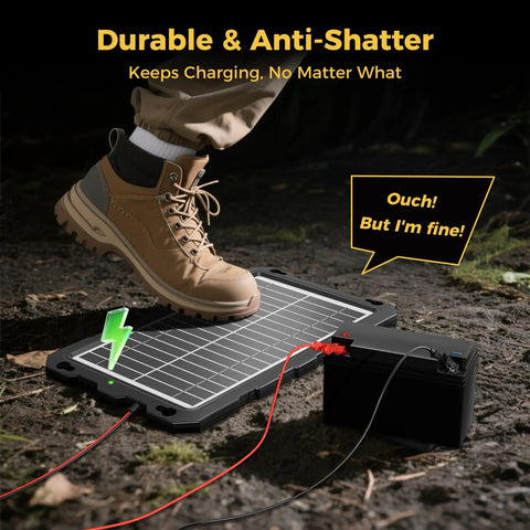 12V Solar Battery Charger Kit With 10W Waterproof Panel And Battery Maintainer Trickle Charger pictured under a shoe step outdoors.
