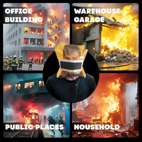 Collage of fire scenarios with a person wearing Fire Smoke Mask With Ninety Five Percent PM Two Point Five Filtration Thirty Minute Lifesaver Escape.