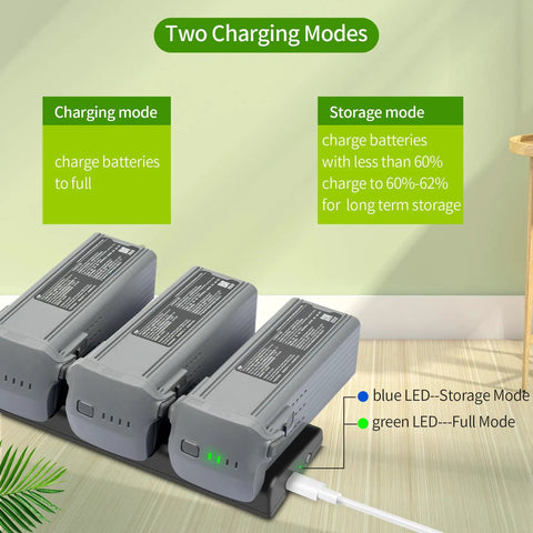 Two-Way Charger Hub For DJI Air 3S And Air 3 Batteries, Storage And Sequential Charging Of Three Packs, 100W Input, details shown.