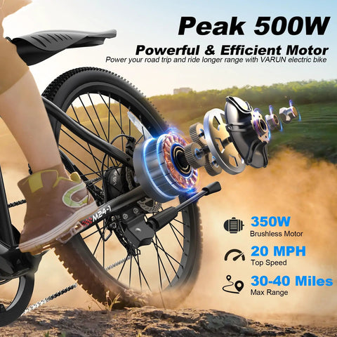 Rear wheel of 500W Peak Power Ebike For Adults With 20 MPH Top Speed And 40 Mile Range, highlighting brushless motor.