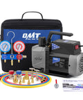 Front view of Orion Motor Tech A2L AC vacuum pump with 3.5 CFM, gauge manifold and colorful hoses kit.