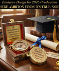 Go Confidently Brass Compass Gift For Graduation, College And High School, Unique Gift For Him, Boss Level Birthday Idea For Son Or Boys, Motivational Keepsake With Greeting Card Included displayed with cap and diploma