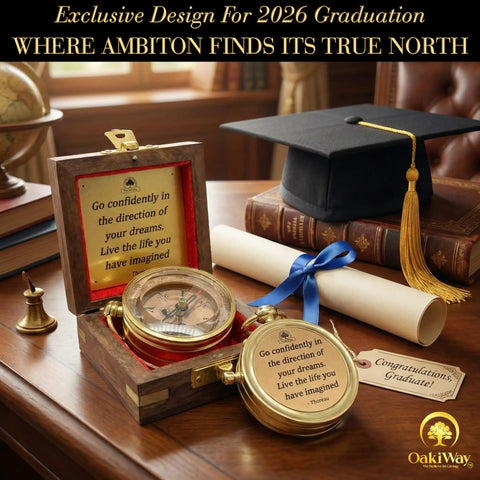 Go Confidently Brass Compass Gift For Graduation, College And High School, Unique Gift For Him, Boss Level Birthday Idea For Son Or Boys, Motivational Keepsake With Greeting Card Included displayed with cap and diploma