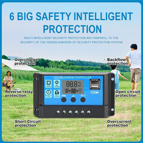 30A Solar Charge Controller PWM 12V 24V Auto Detect Regulator with Adjustable LCD Display outdoors highlighting safety features