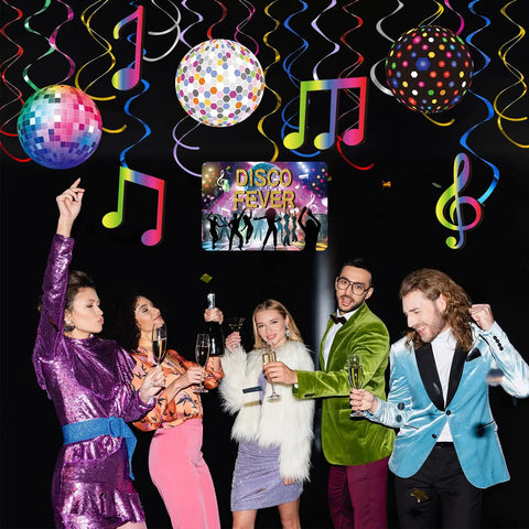 53 Piece 70s Disco Party Decorations Kit With Hanging Swirls And Disco Ball Cutouts, people in disco attire celebrating