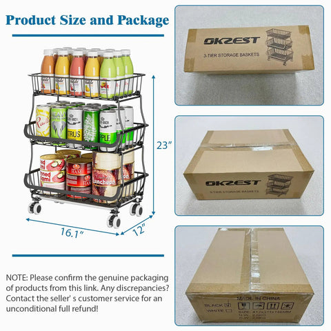 Three Tier Rolling Pantry Cart With Wheels, Stackable Wire Baskets, fruit, cans, and packaging showing product dimensions