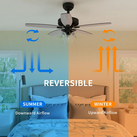 Diagram showing reversible airflow of Farmhouse Ceiling Fan With Light And Remote, 52 Inch Outdoor Ceiling Fan in Oak And Black