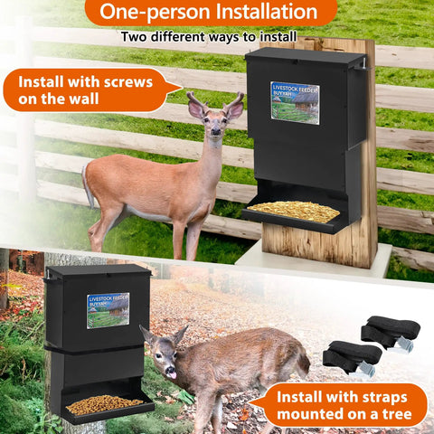 Metal Tough Galvanized Steel Deer Feeder Holds Fifty Pounds Of Corn Or Protein Mix Rust Proof Wild Game Feed Dispenser shown mounted with deer.