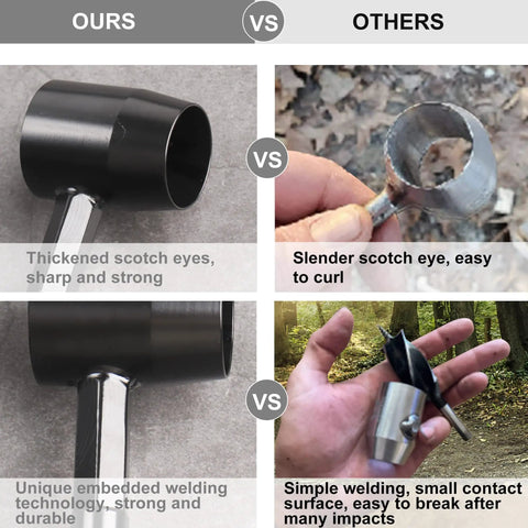 Comparison of Go To Bushcraft Hand Auger Wrench by KOSIBATE showing thickened scotch eye vs slender, embedded vs simple welding.