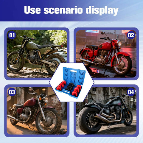 Motorcycle Fork Seal Driver Tool Kit 35-50mm in display with four different motorcycles for precise seal alignment