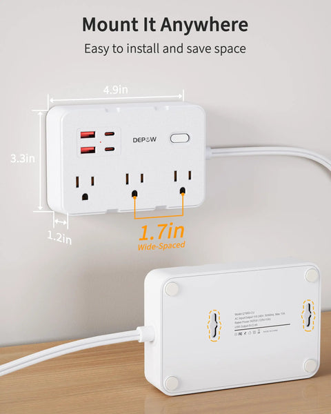 Must Have Two Prong To Three Prong Outlet Adapter Power Strip With Six Outlets And Four USB Ports Two USB C 1050J Surge Protector showing dimensions