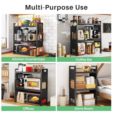 Heavy Duty Microwave Stand With Expandable 3 Tier Frame And Adjustable Height For Tight Kitchen Counters Nine Hanging Hooks And Cutting Board Rack Holds A Ton Up To 180 Pounds In Matte Black