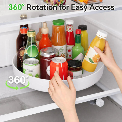 11.8 Inch Lazy Susan For Refrigerator And Pantry, Round Kitchen Turntable Spice Rack Organizer With Heavy Duty Swivel Base holding various beverages.