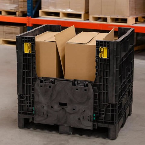 Rugged Collapsible Bulk Storage Container Featuring Four Way Forklift Access And Two Drop Doors Standard Duty Stacking Pallet Box With One Thousand Seven Hundred Pound Capacity filled with cardboard boxes.