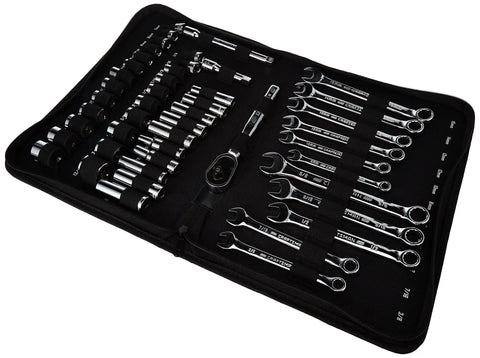 Pro Grade Mechanics Tool Set SAE And Metric In Soft Storage Case 47 Piece With 72 Tooth Ratchets 6 Point Sockets spread open