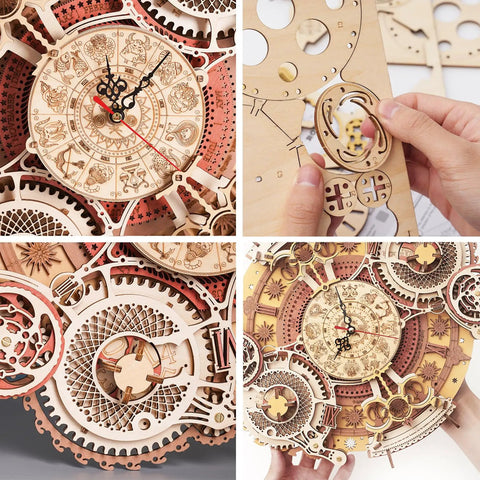 Dope 3D Wooden Puzzle Clock Kit For Adults Hands On Zodiac Wall Clock Project, close-up of assembly and zodiac face details.