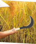 Long Handled Gardening Hand Scythe With Manganese Steel Blade For Weeding And Cultivating in use cutting crops in a field.