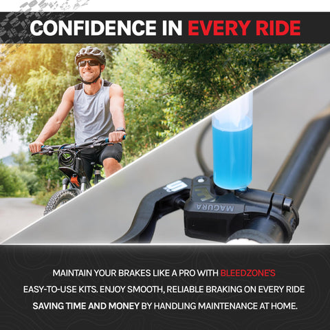 Cyclist on bicycle and 2 Pack 60ml Mineral Oil For Magura Brakes used on brake handle for smooth braking