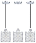 Three Pack Polyhedral Crystal Pendant Lights With Nickel Finish For A Sleek Modern Vibe Crystal Shade Perfect For Dining Room Kitchen Island Living Room Or Hallway Contemporary Pendant Lighting Fixture, showing three hanging lights with crystal shades.