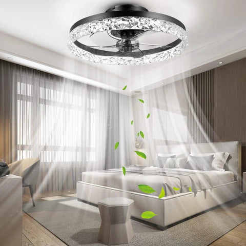 24-Inch Low Profile Ceiling Fan With Light Bladeless Flush Mount Remote And App Control in a modern bedroom setting
