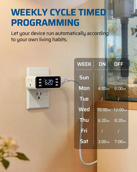 7 Day Programmable Heavy Duty Digital Timer With Dual Plugs And Two Pack showing weekly cycle programming schedule on a wall outlet.
