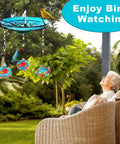 Go-To Hand Blown Glass Hummingbird Feeder And USB Water Pump Bird Bath Two-In-One Outdoor Garden Decor in use with small birds.