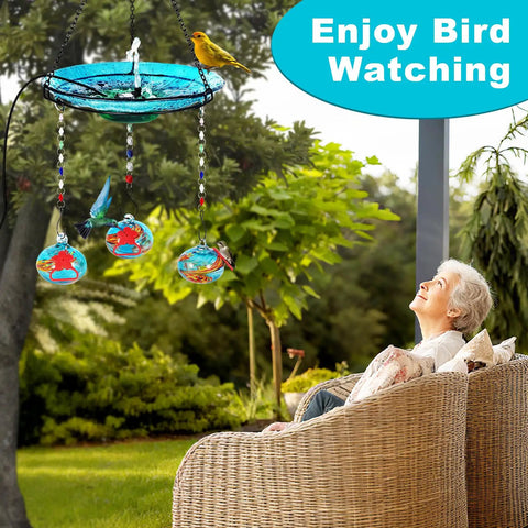 Go-To Hand Blown Glass Hummingbird Feeder And USB Water Pump Bird Bath Two-In-One Outdoor Garden Decor in use with small birds.