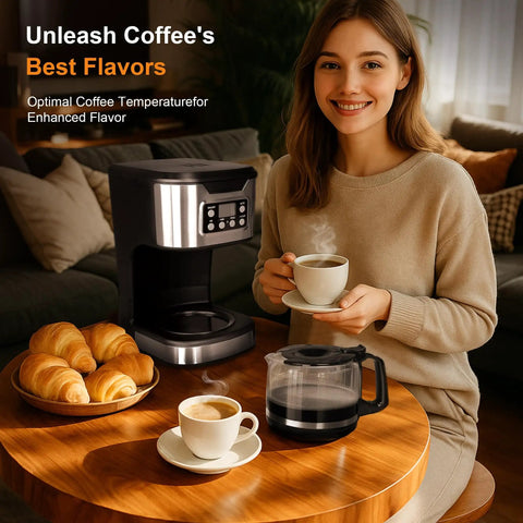 Woman enjoying coffee next to a Programmable 12 Cup Coffee Maker With Keep Warm Function, Fully Automatic Drip Coffee Machine, Stainless Steel Finish.