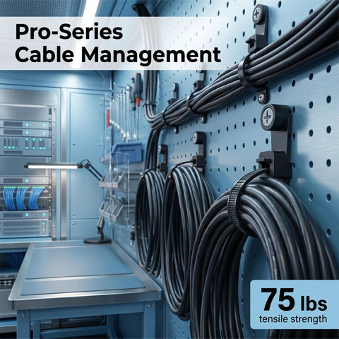 100 Pack Eight Inch Black Zip Ties With Screw Hole And M4 Screws organizing cables on wall in workshop, 75 lbs strength