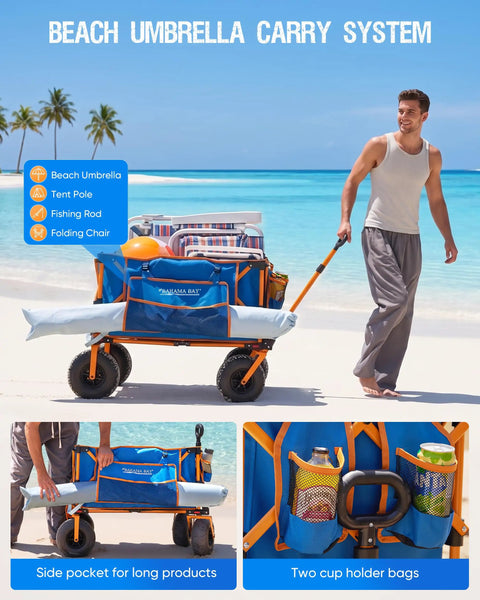Man pulling foldable beach wagon with balloon wheels for soft sand, heavy duty collapsible cart on the beach, large capacity interior.